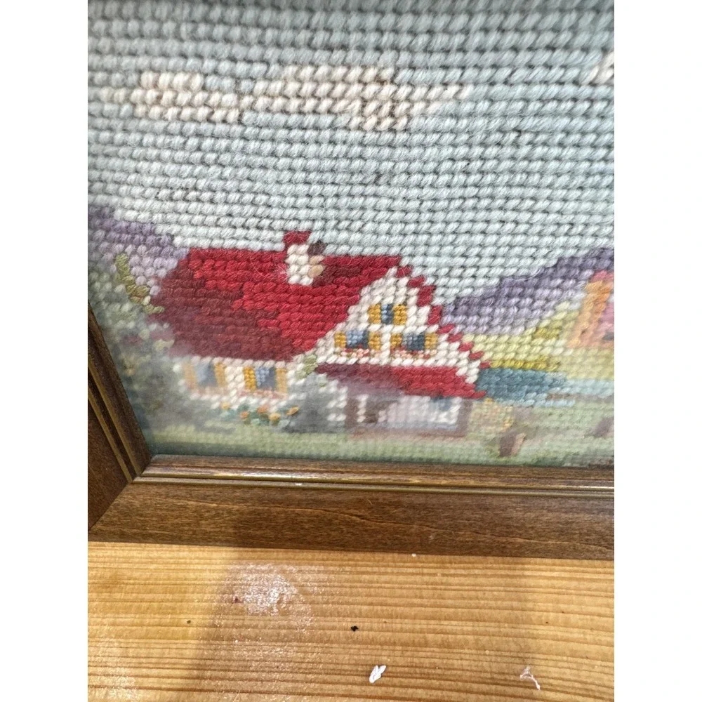 Handmade‎ Framed Red Roof Cottage Village Cross Stitch Tapestry Art Small 5x12